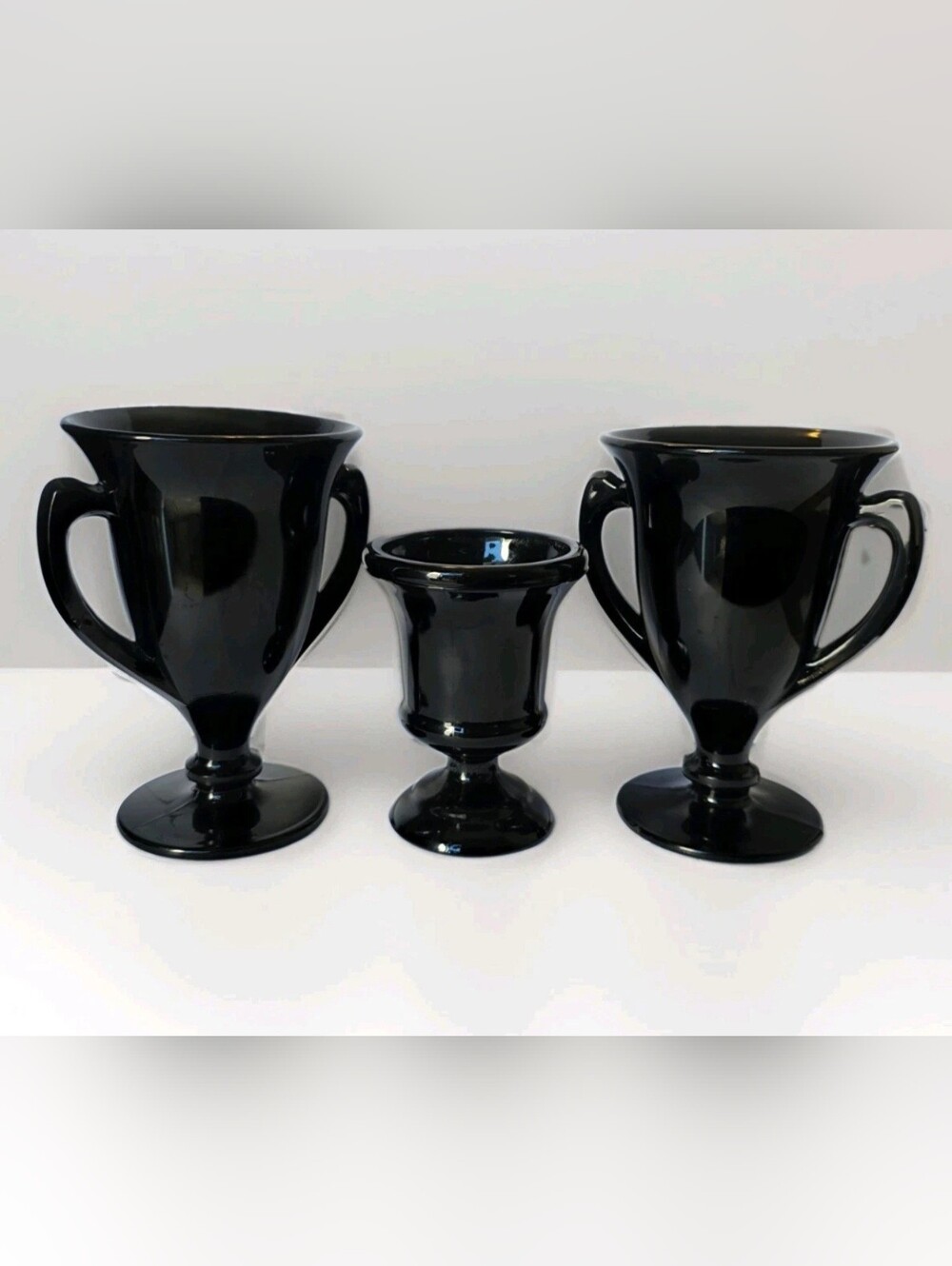 Vintage Black Amethyst Glass Trophy Urn Planter Set of 3 LE Smith Style